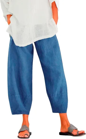 Capri Pants for Women Summer Beach Elastic Waisted Wide Leg Floral Printed Casual Loose Lightweight Relax with Pockets