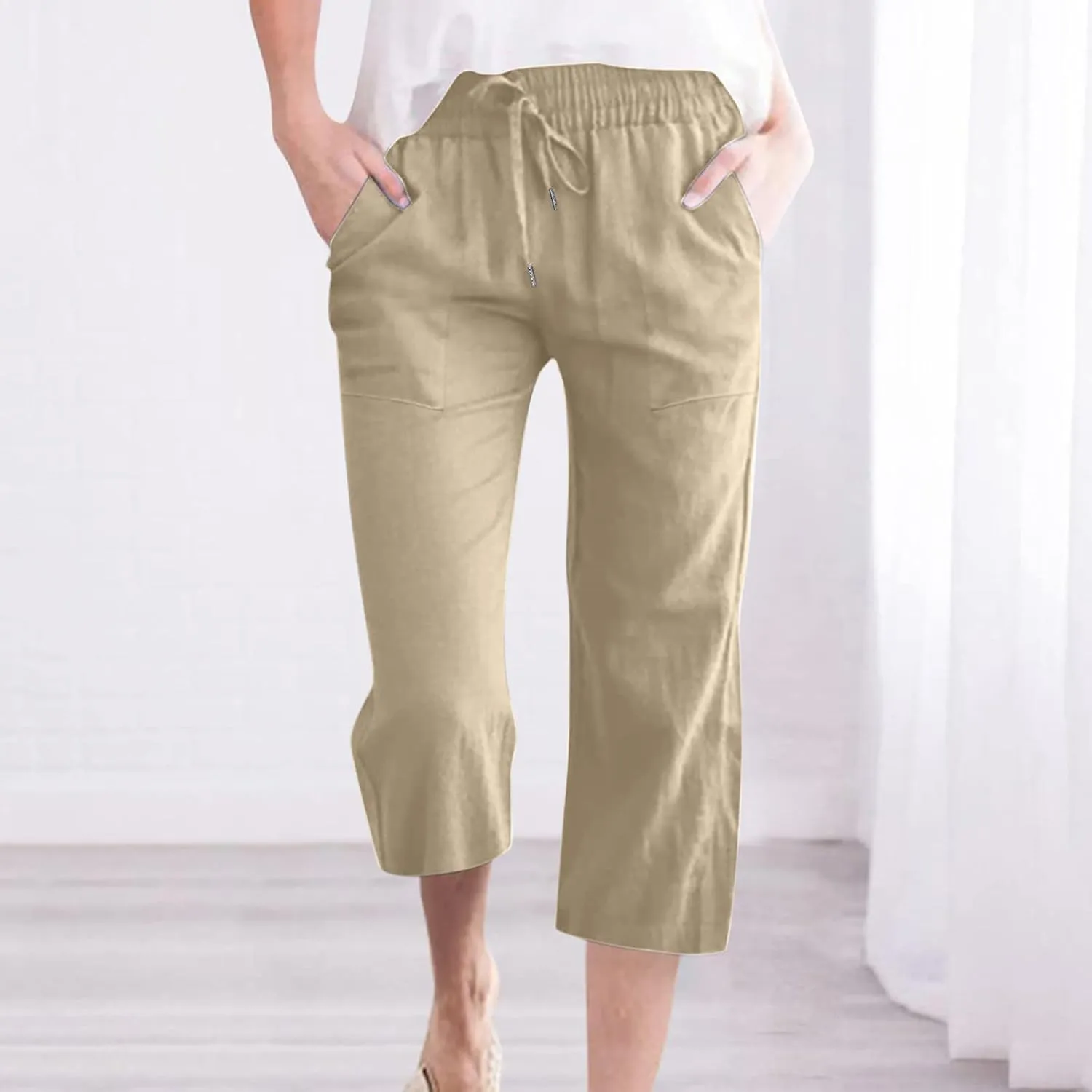 Capri Pants for Women Summer Linen Pants High Waisted Drawstring Pant Casual Lounge Capris Wide Leg Pants with Pocket