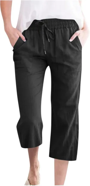 Capri Pants for Women Summer Linen Pants High Waisted Drawstring Pant Casual Lounge Capris Wide Leg Pants with Pocket