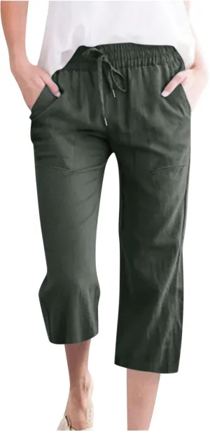 Capri Pants for Women Summer Linen Pants High Waisted Drawstring Pant Casual Lounge Capris Wide Leg Pants with Pocket