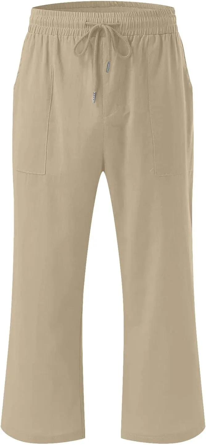 Capri Pants for Women Summer Linen Pants High Waisted Drawstring Pant Casual Lounge Capris Wide Leg Pants with Pocket