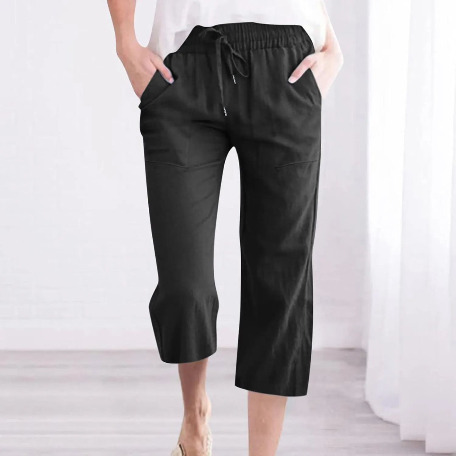 Capri Pants for Women Summer Linen Pants High Waisted Drawstring Pant Casual Lounge Capris Wide Leg Pants with Pocket
