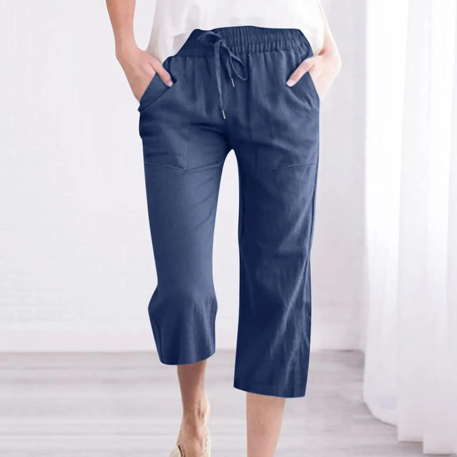 Capri Pants for Women Summer Linen Pants High Waisted Drawstring Pant Casual Lounge Capris Wide Leg Pants with Pocket