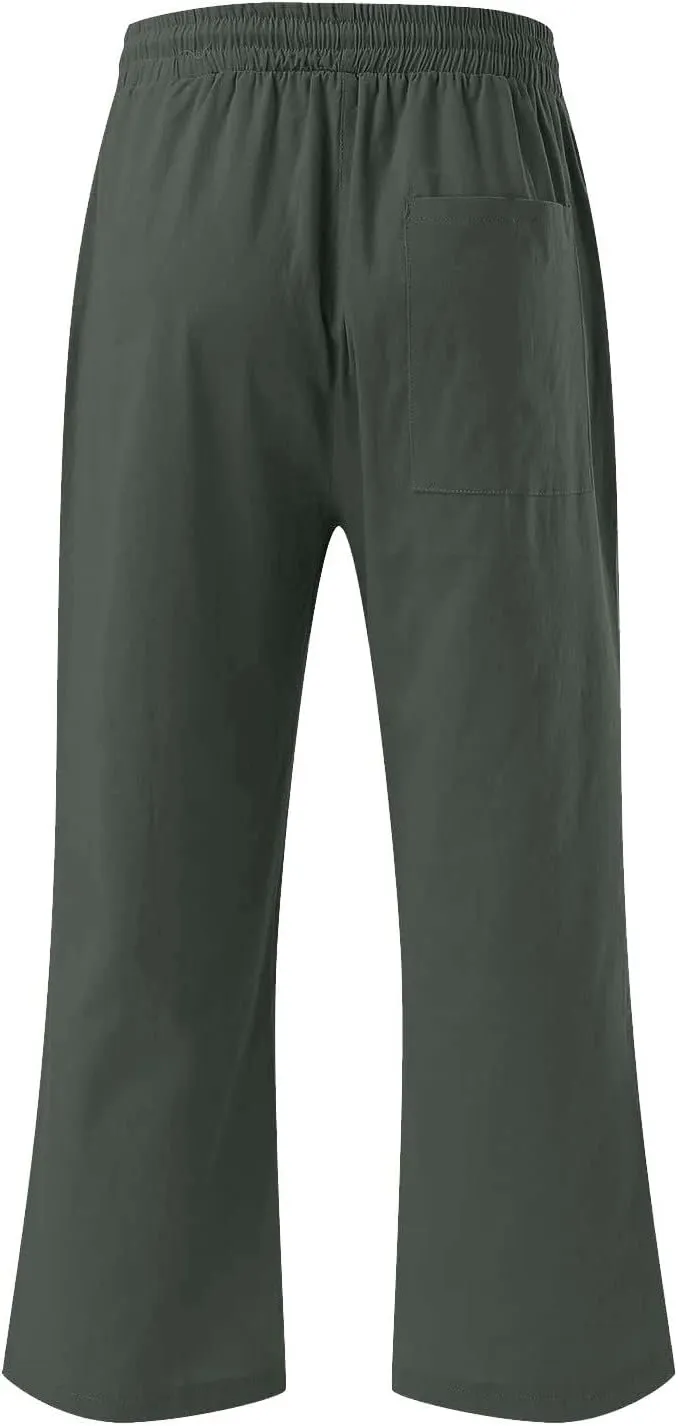 Capri Pants for Women Summer Linen Pants High Waisted Drawstring Pant Casual Lounge Capris Wide Leg Pants with Pocket