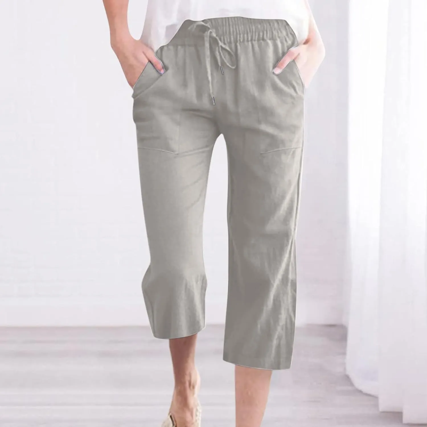 Capri Pants for Women Summer Linen Pants High Waisted Drawstring Pant Casual Lounge Capris Wide Leg Pants with Pocket
