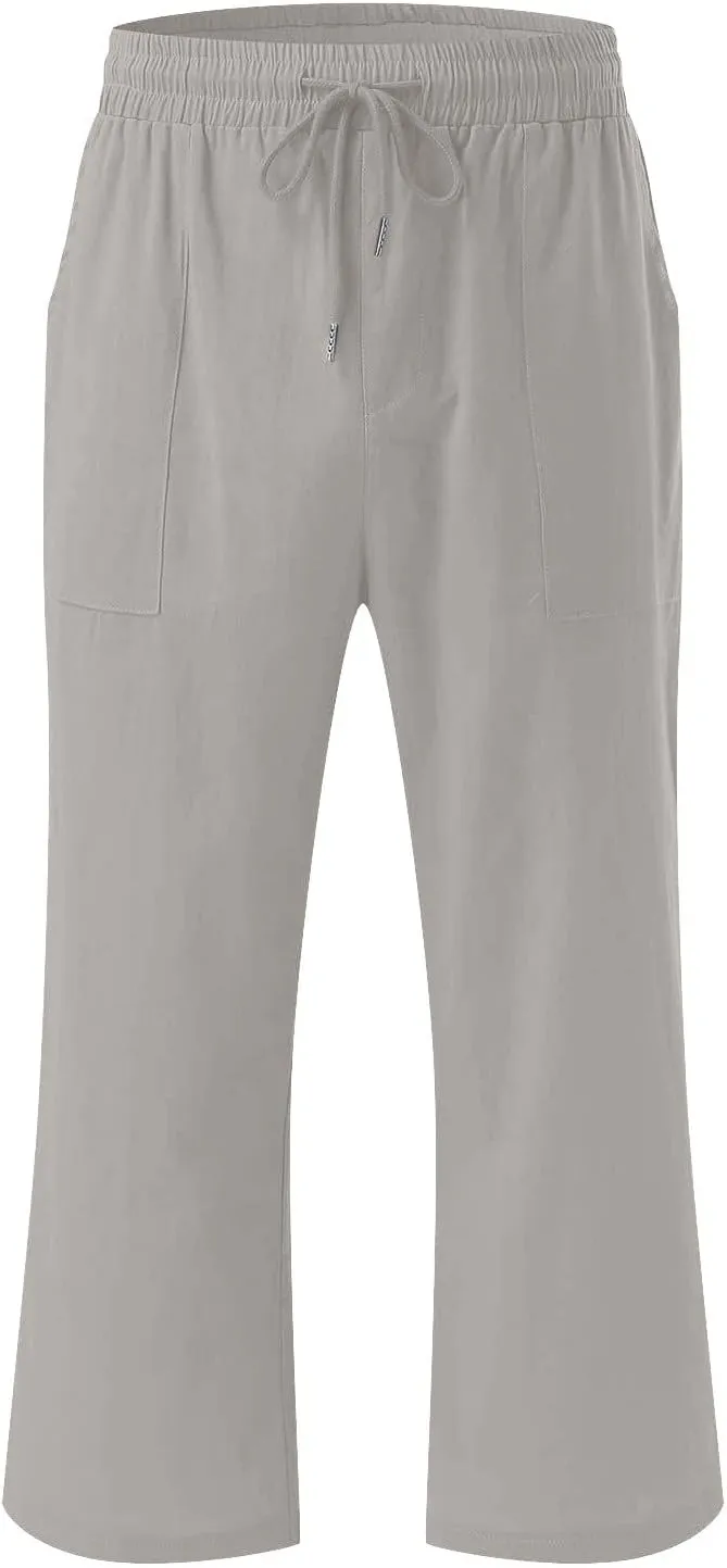 Capri Pants for Women Summer Linen Pants High Waisted Drawstring Pant Casual Lounge Capris Wide Leg Pants with Pocket