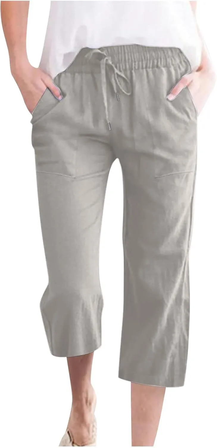 Capri Pants for Women Summer Linen Pants High Waisted Drawstring Pant Casual Lounge Capris Wide Leg Pants with Pocket