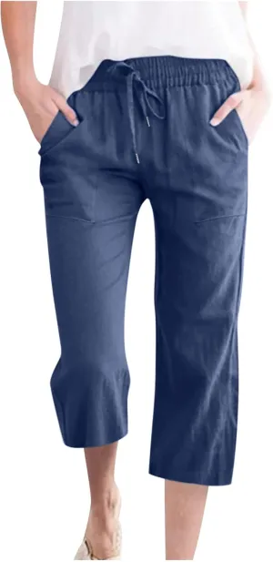 Capri Pants for Women Summer Linen Pants High Waisted Drawstring Pant Casual Lounge Capris Wide Leg Pants with Pocket