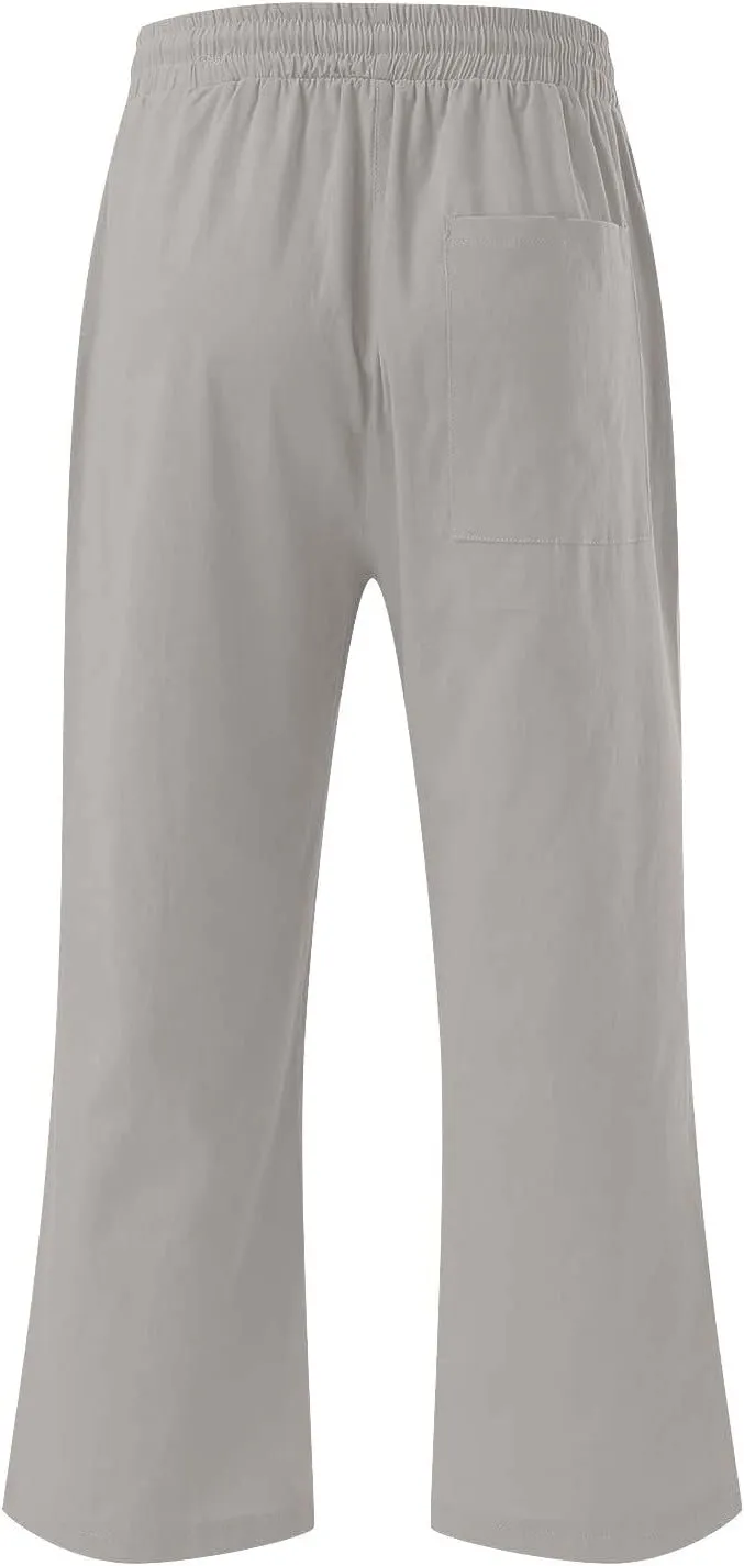 Capri Pants for Women Summer Linen Pants High Waisted Drawstring Pant Casual Lounge Capris Wide Leg Pants with Pocket