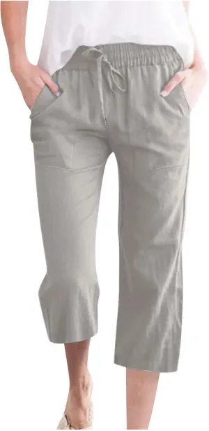 Capri Pants for Women Summer Linen Pants High Waisted Drawstring Pant Casual Lounge Capris Wide Leg Pants with Pocket
