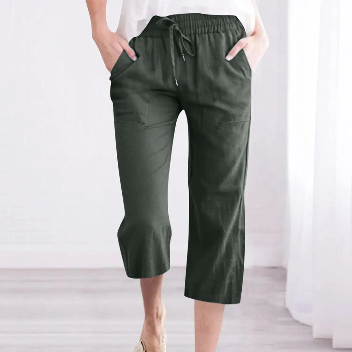 Capri Pants for Women Summer Linen Pants High Waisted Drawstring Pant Casual Lounge Capris Wide Leg Pants with Pocket