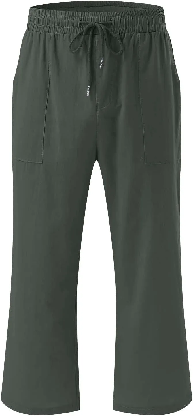 Capri Pants for Women Summer Linen Pants High Waisted Drawstring Pant Casual Lounge Capris Wide Leg Pants with Pocket