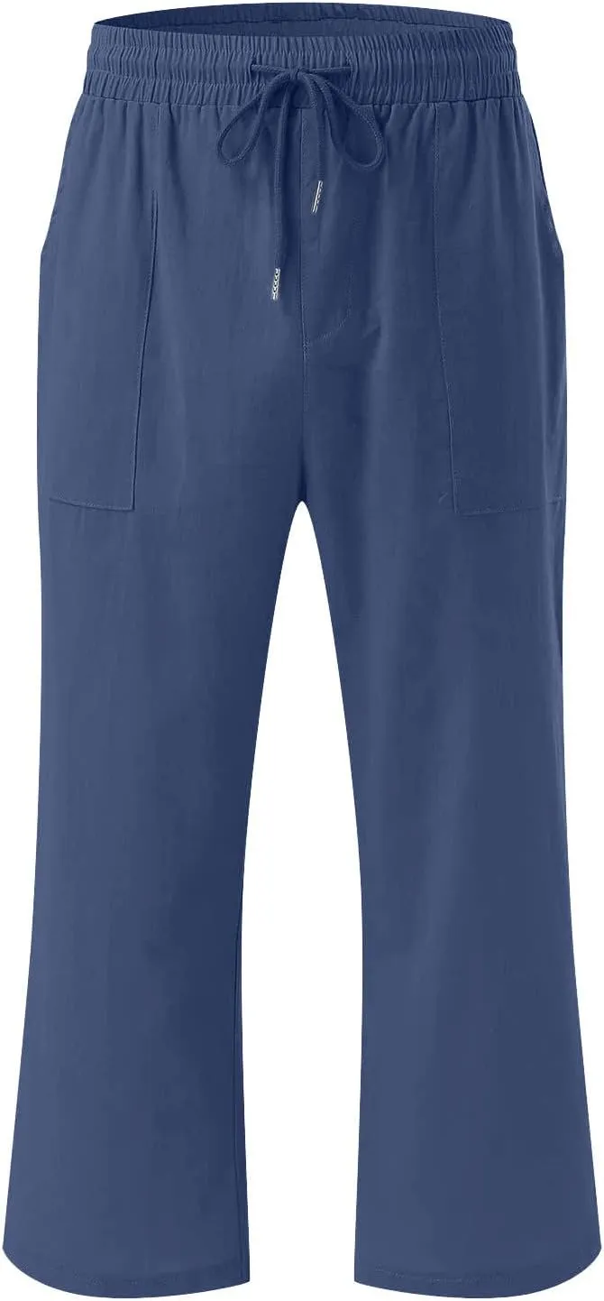 Capri Pants for Women Summer Linen Pants High Waisted Drawstring Pant Casual Lounge Capris Wide Leg Pants with Pocket