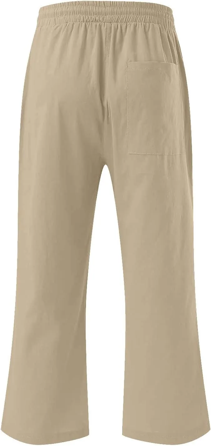 Capri Pants for Women Summer Linen Pants High Waisted Drawstring Pant Casual Lounge Capris Wide Leg Pants with Pocket