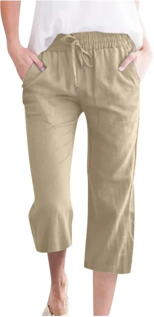 Capri Pants for Women Summer Linen Pants High Waisted Drawstring Pant Casual Lounge Capris Wide Leg Pants with Pocket