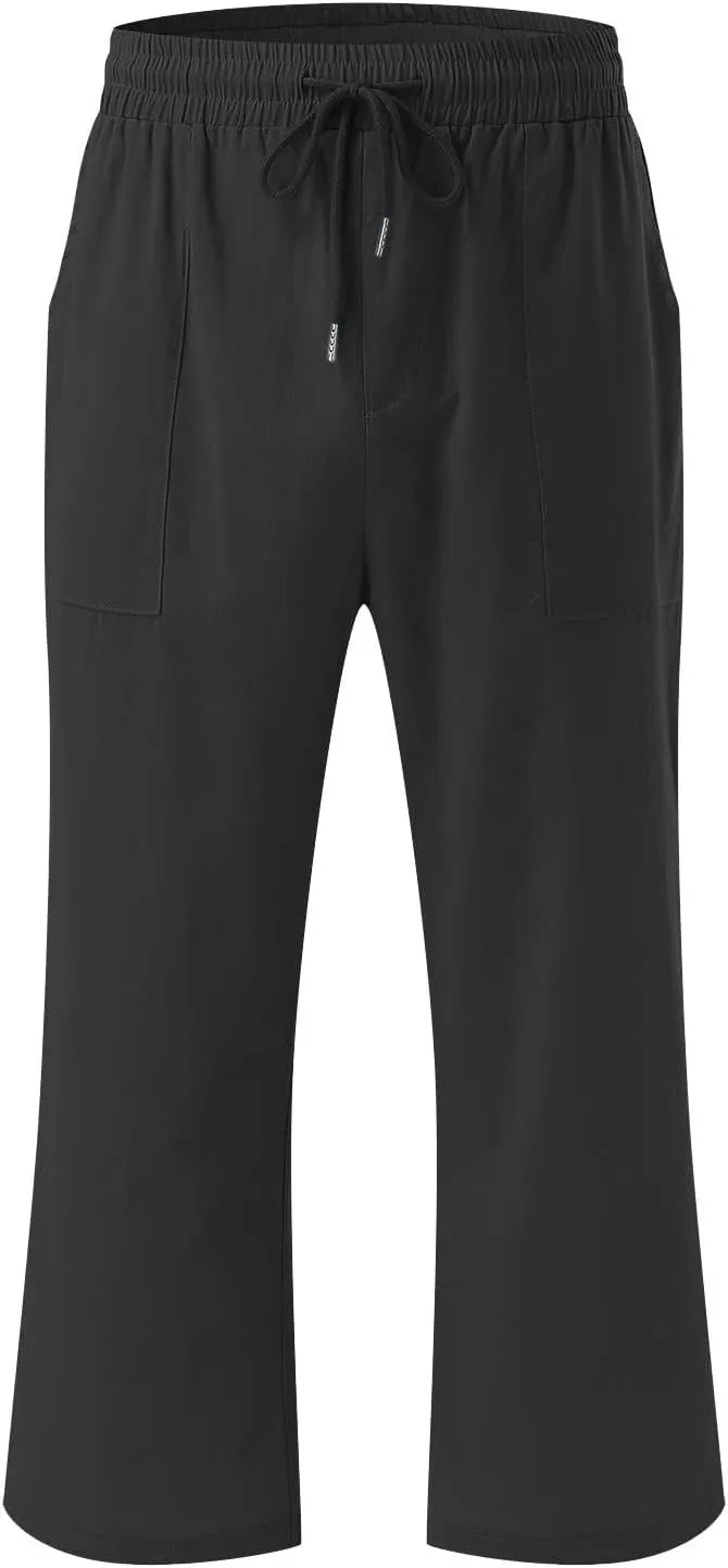 Capri Pants for Women Summer Linen Pants High Waisted Drawstring Pant Casual Lounge Capris Wide Leg Pants with Pocket