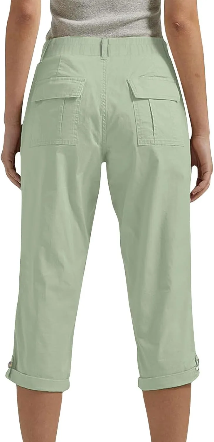 Cargo Capri Pants for Women Dressy Casual High Waisted Capris Summer Loose Elastic Waist Cropped Trouser with Pockets