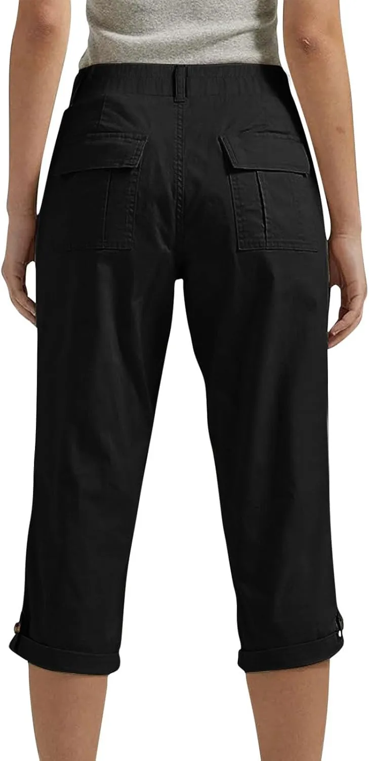 Cargo Capri Pants for Women Dressy Casual High Waisted Capris Summer Loose Elastic Waist Cropped Trouser with Pockets