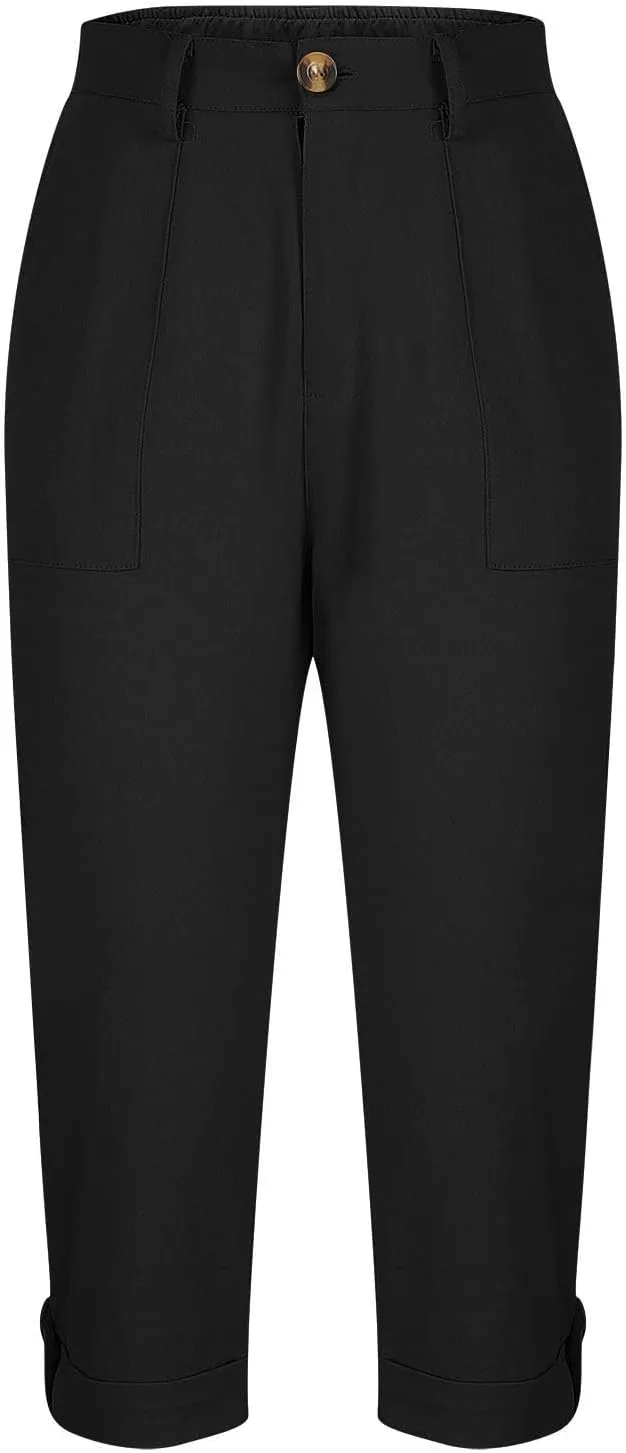 Cargo Capri Pants for Women Dressy Casual High Waisted Capris Summer Loose Elastic Waist Cropped Trouser with Pockets