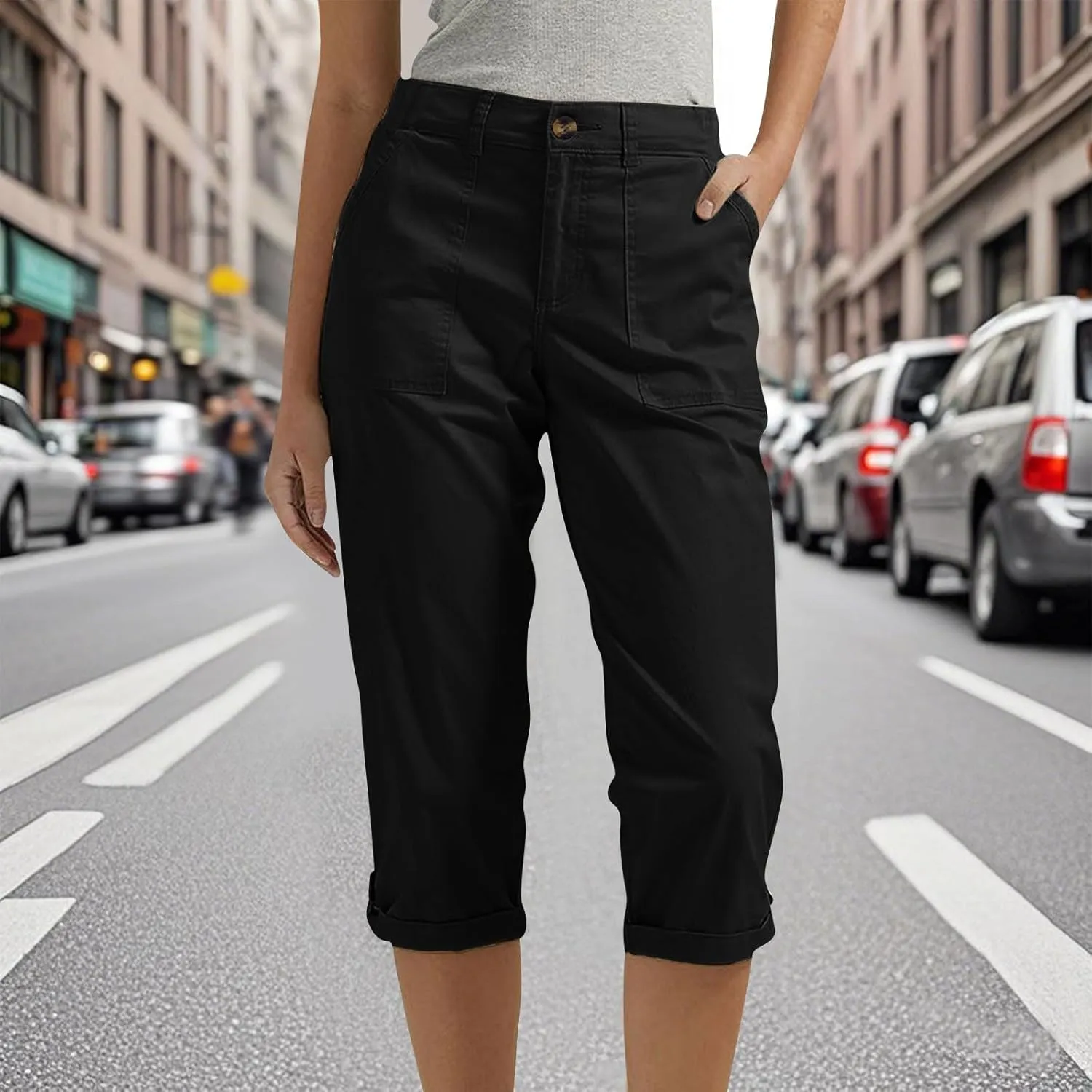 Cargo Capri Pants for Women Dressy Casual High Waisted Capris Summer Loose Elastic Waist Cropped Trouser with Pockets