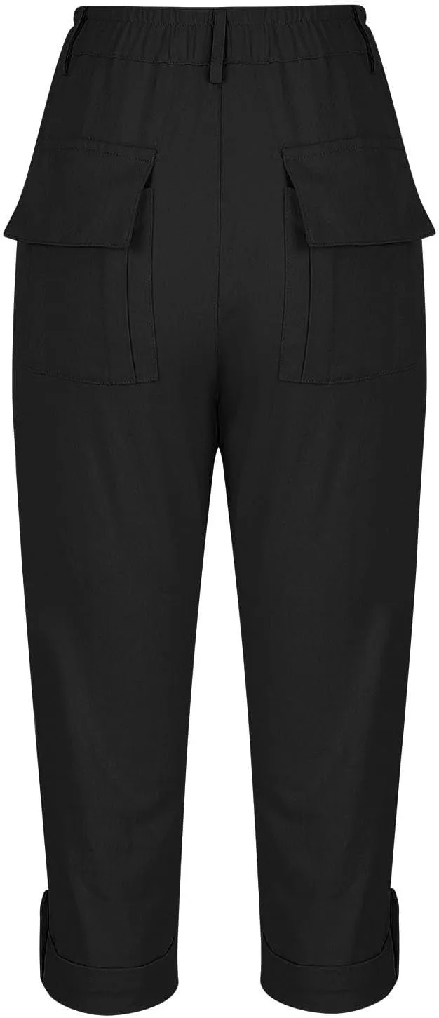 Cargo Capri Pants for Women Dressy Casual High Waisted Capris Summer Loose Elastic Waist Cropped Trouser with Pockets