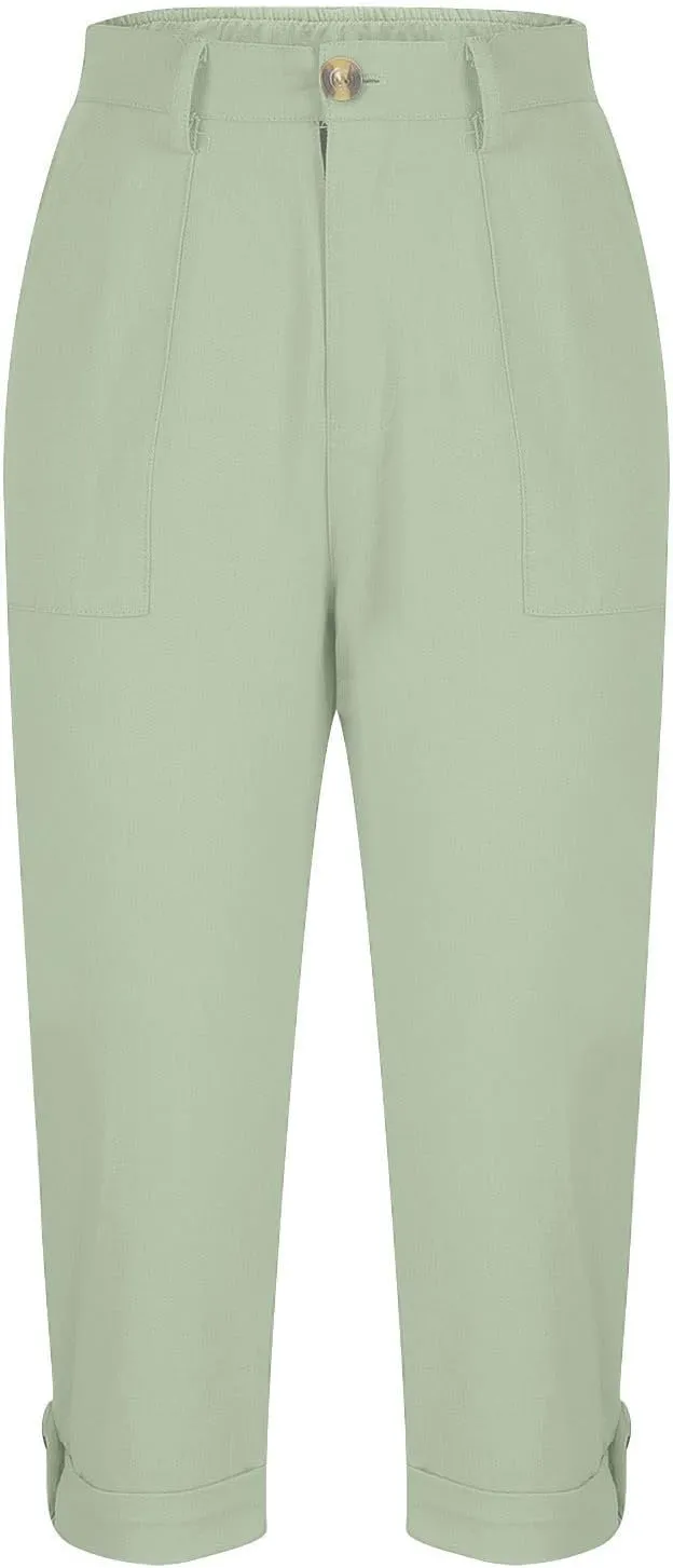 Cargo Capri Pants for Women Dressy Casual High Waisted Capris Summer Loose Elastic Waist Cropped Trouser with Pockets