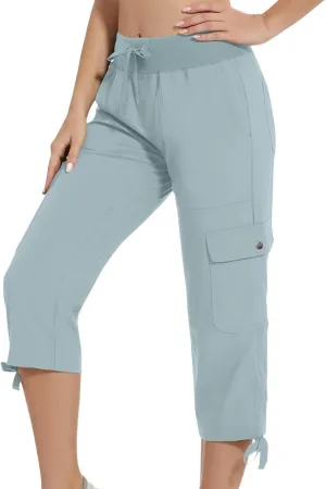 Cargo Capri Pants for Women Lace-Up Elastic Waist Casual Solid Loose Lightweight Outdoor Hiking Capris with Pockets