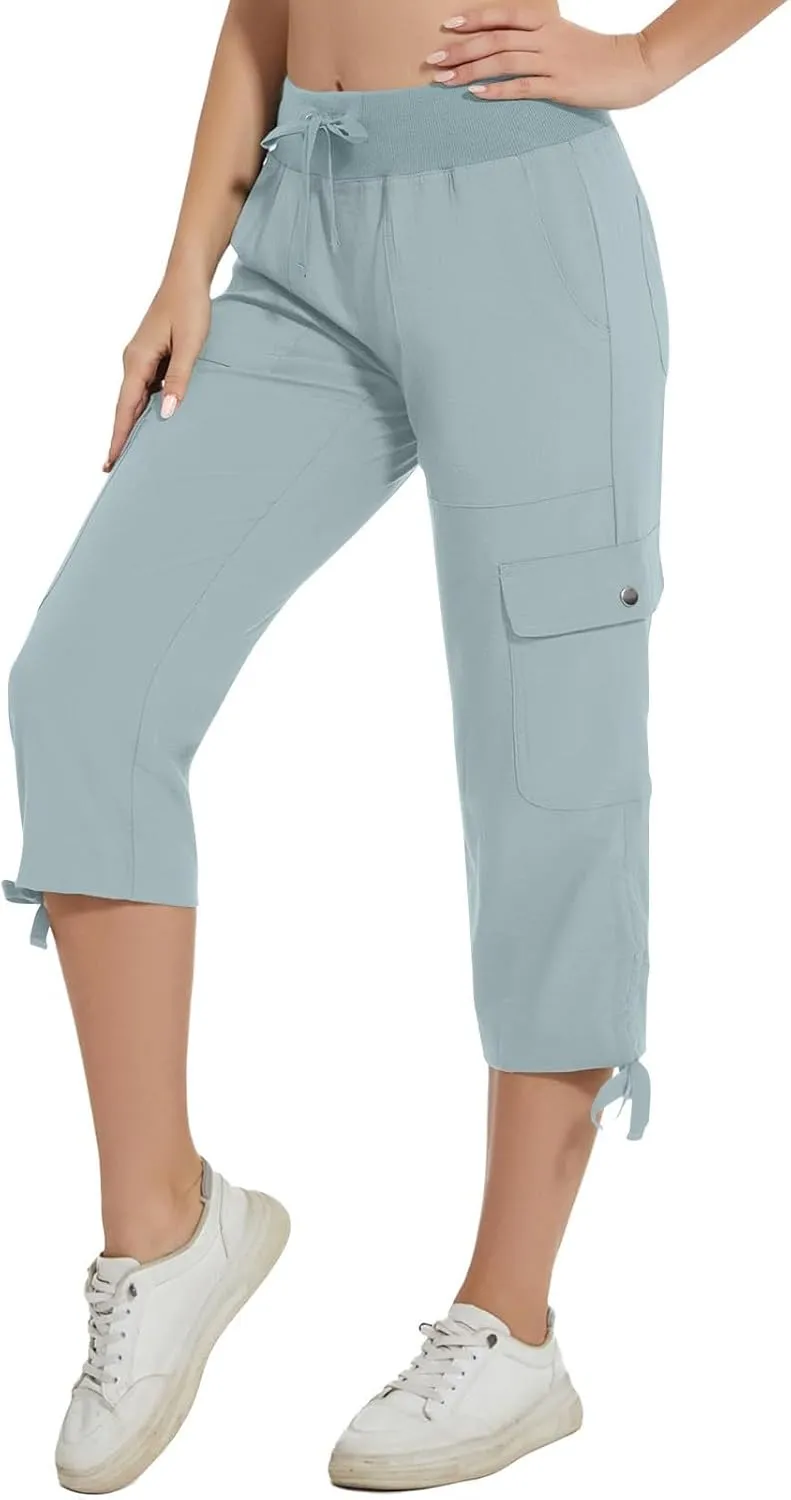 Cargo Capri Pants for Women Lace-Up Elastic Waist Casual Solid Loose Lightweight Outdoor Hiking Capris with Pockets