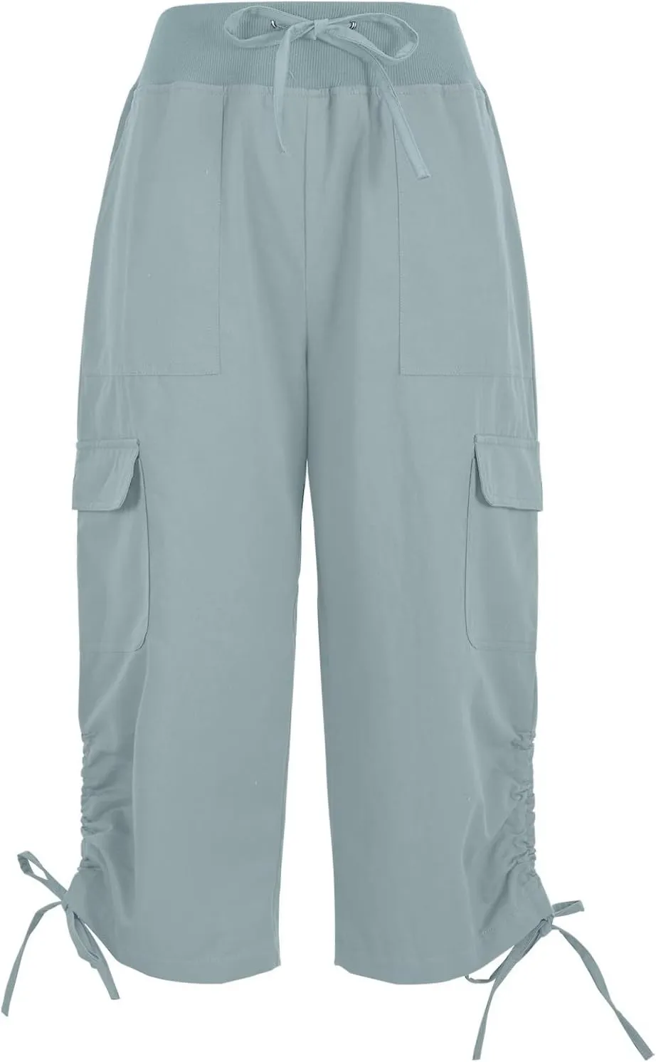 Cargo Capri Pants for Women Lace-Up Elastic Waist Casual Solid Loose Lightweight Outdoor Hiking Capris with Pockets