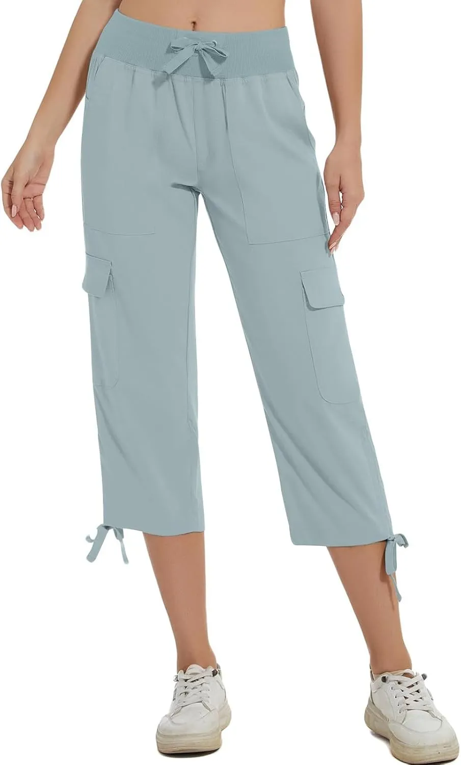 Cargo Capri Pants for Women Lace-Up Elastic Waist Casual Solid Loose Lightweight Outdoor Hiking Capris with Pockets
