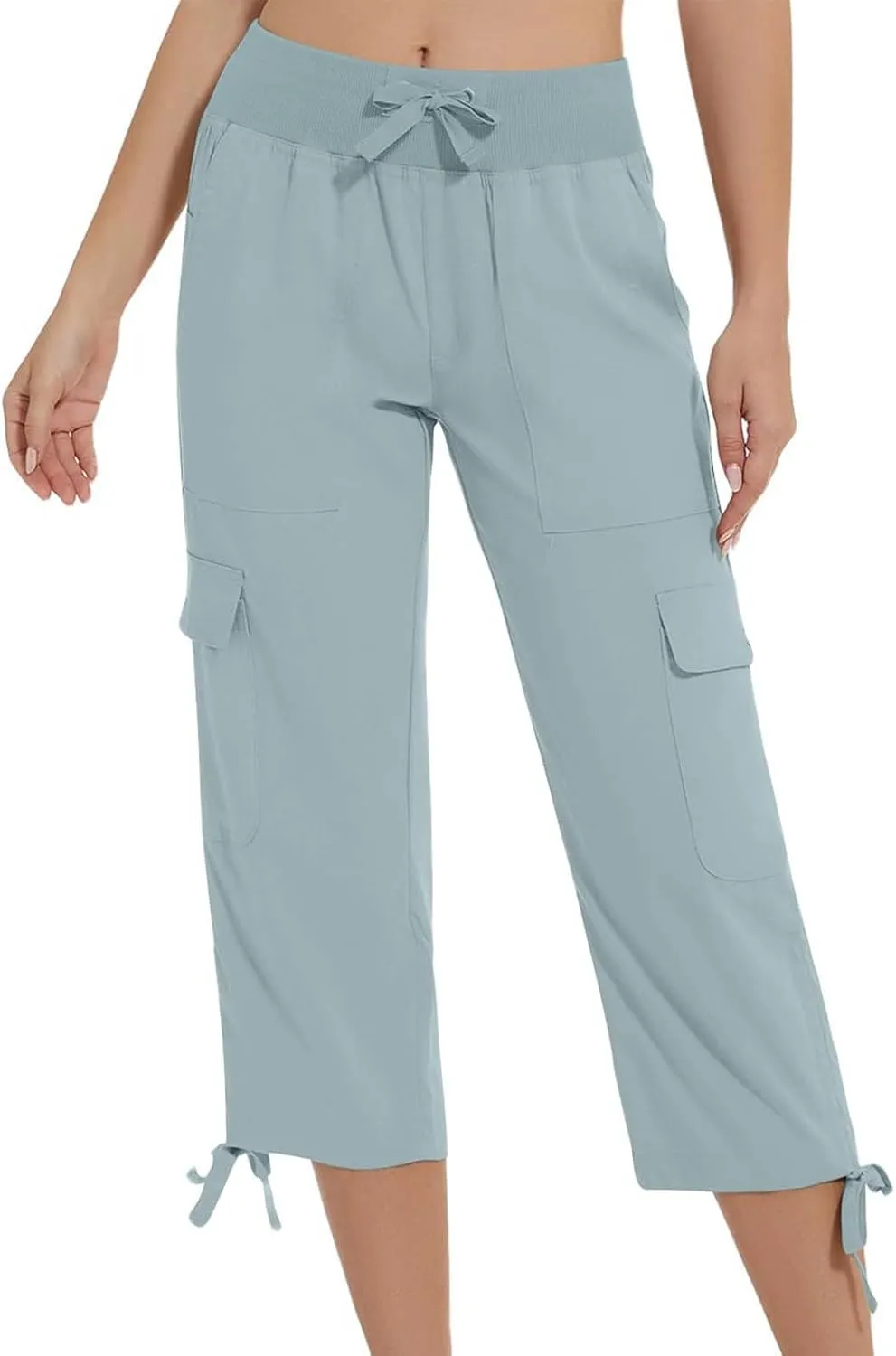 Cargo Capri Pants for Women Lace-Up Elastic Waist Casual Solid Loose Lightweight Outdoor Hiking Capris with Pockets