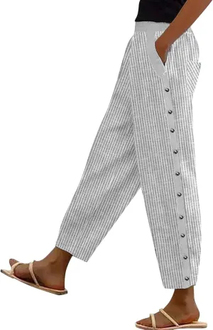 Casual Pants for Women Stripe Print Side Button Trendy Ankle Trousers Baggy Straight Leg Beach Cropped with Pocket