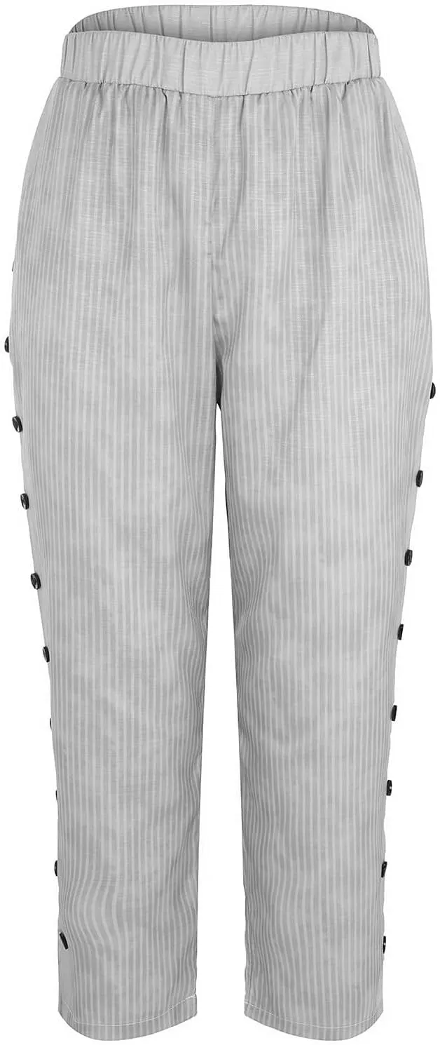 Casual Pants for Women Stripe Print Side Button Trendy Ankle Trousers Baggy Straight Leg Beach Cropped with Pocket