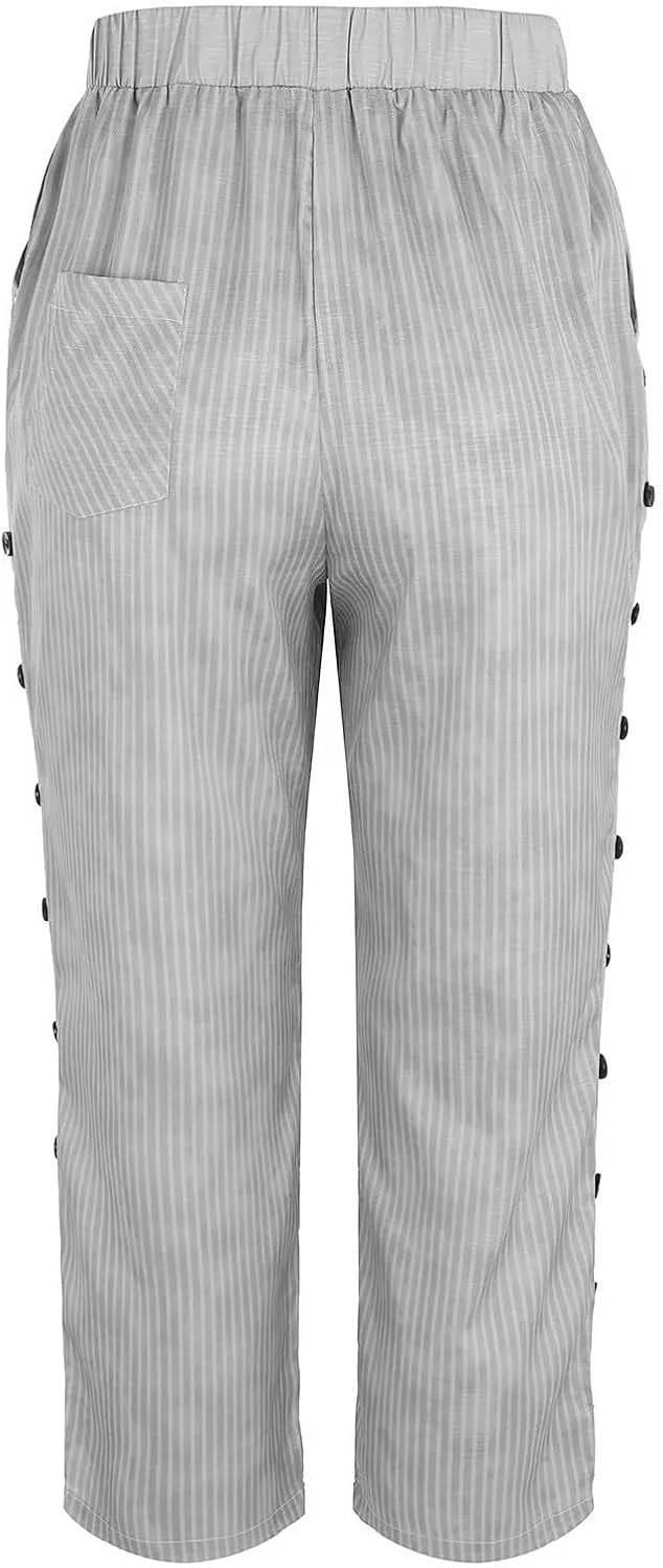 Casual Pants for Women Stripe Print Side Button Trendy Ankle Trousers Baggy Straight Leg Beach Cropped with Pocket