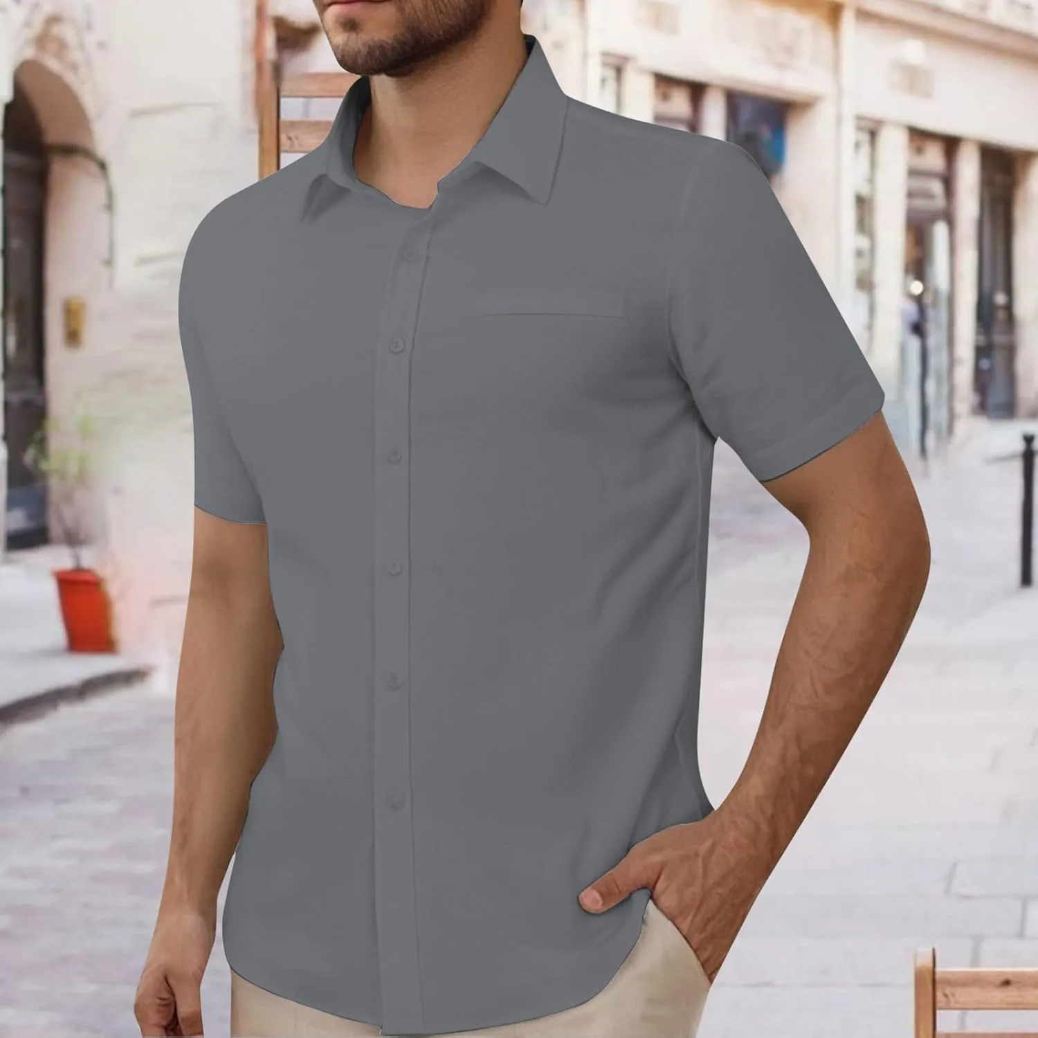 Casual Work Linen Shirts for Men Stylish Short Sleeve Formal Business T-Shirt Button Down Summer Office Wedding Tops