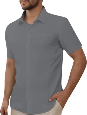 Casual Work Linen Shirts for Men Stylish Short Sleeve Formal Business T-Shirt Button Down Summer Office Wedding Tops