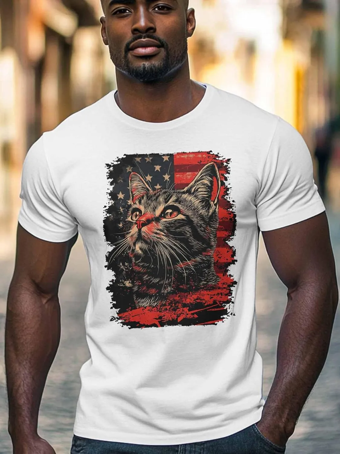 Cat Graphic Men's T-Shirts, 4th of July T Shirts for Men Patriotic US Flag Crew Neck Tees Cotton Undershirts