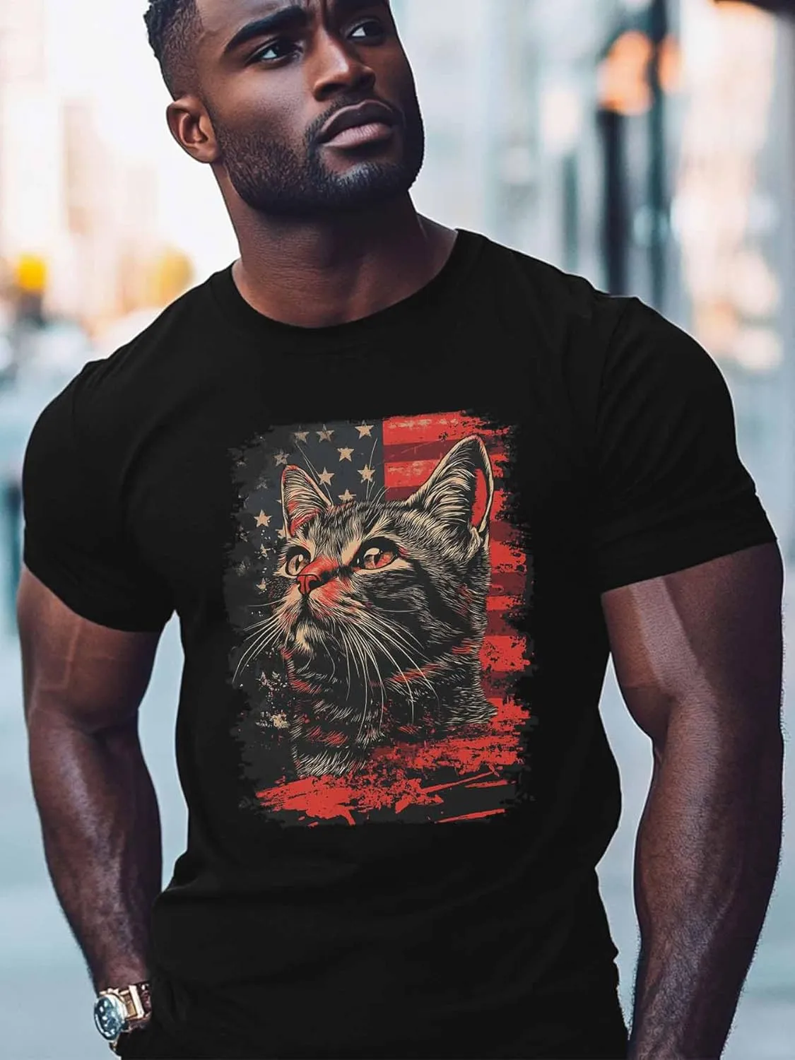 Cat Graphic Men's T-Shirts, 4th of July T Shirts for Men Patriotic US Flag Crew Neck Tees Cotton Undershirts