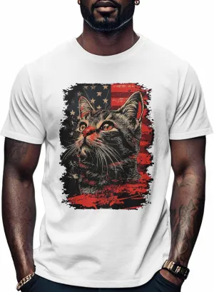 Cat Graphic Men's T-Shirts, 4th of July T Shirts for Men Patriotic US Flag Crew Neck Tees Cotton Undershirts