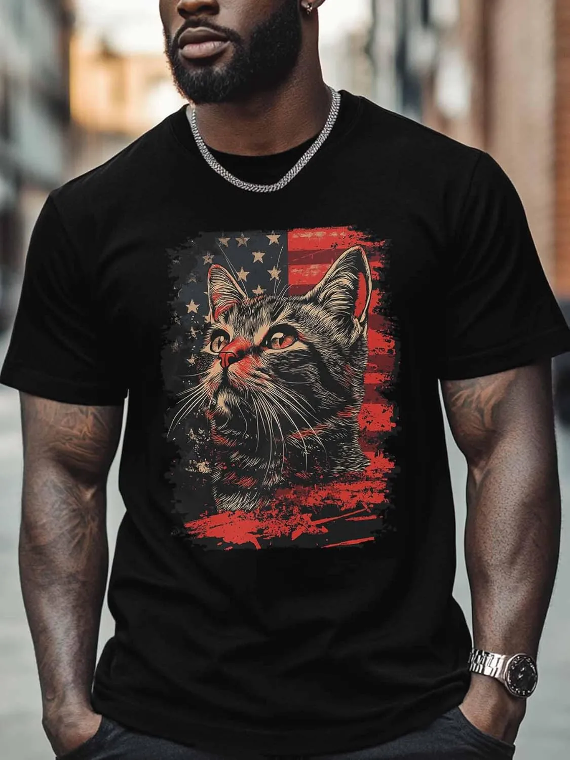Cat Graphic Men's T-Shirts, 4th of July T Shirts for Men Patriotic US Flag Crew Neck Tees Cotton Undershirts