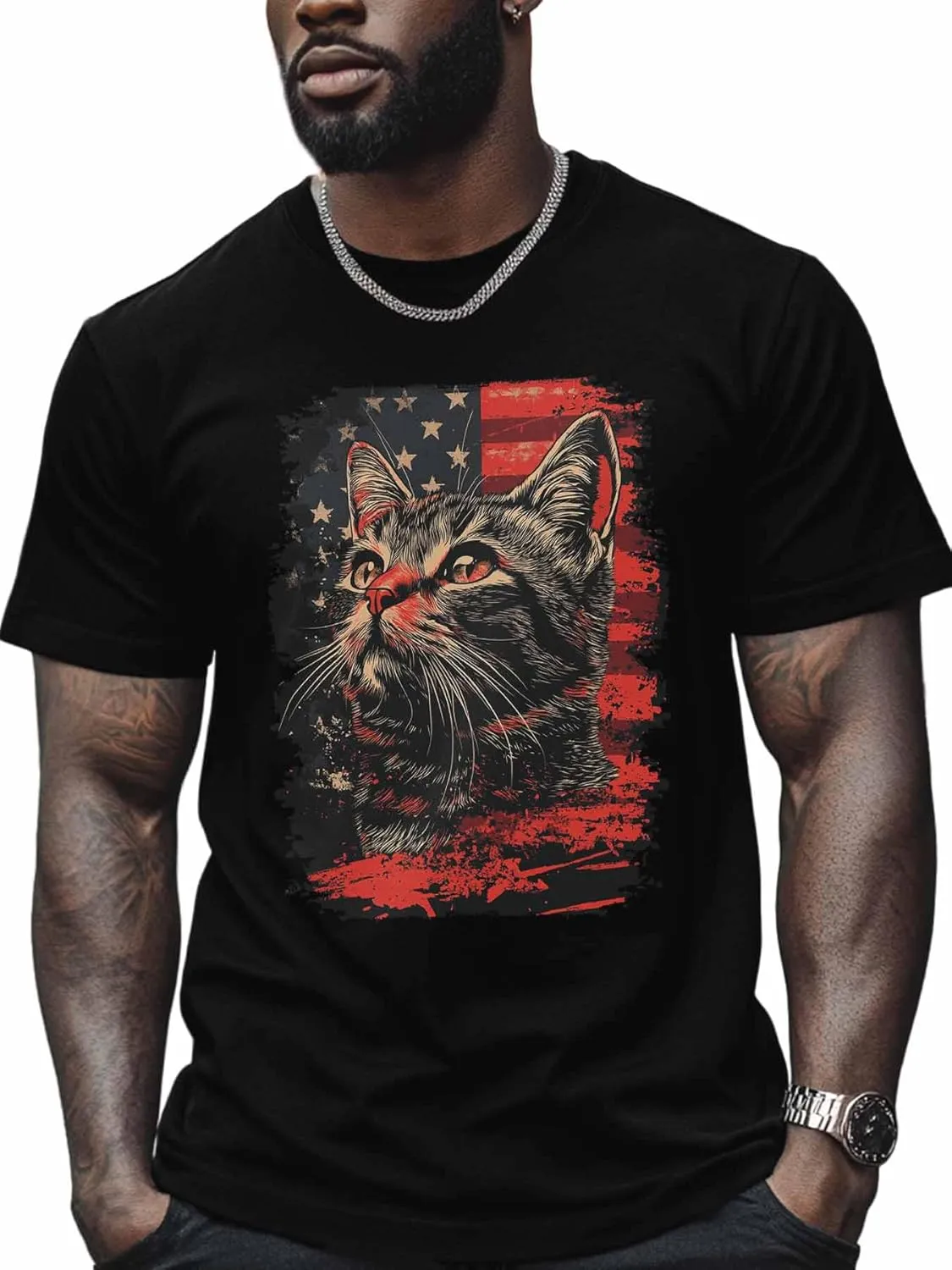 Cat Graphic Men's T-Shirts, 4th of July T Shirts for Men Patriotic US Flag Crew Neck Tees Cotton Undershirts