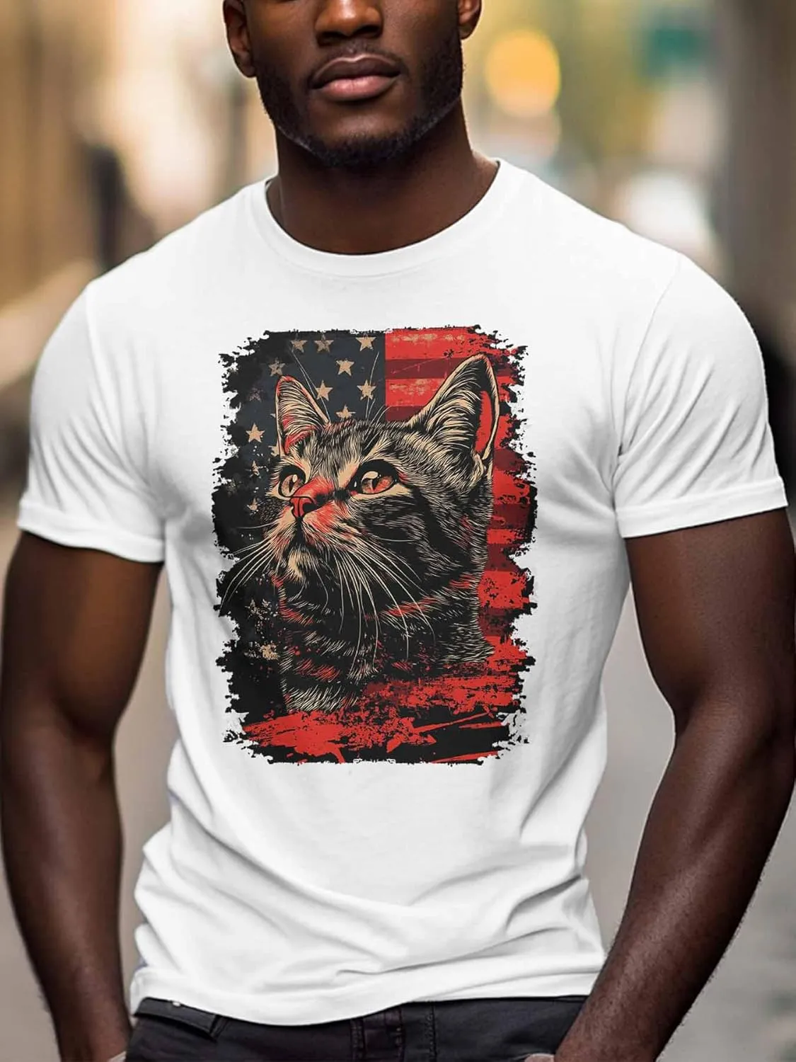 Cat Graphic Men's T-Shirts, 4th of July T Shirts for Men Patriotic US Flag Crew Neck Tees Cotton Undershirts