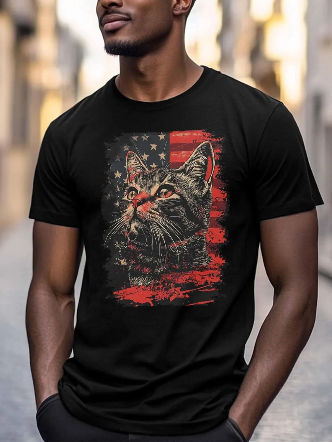 Cat Graphic Men's T-Shirts, 4th of July T Shirts for Men Patriotic US Flag Crew Neck Tees Cotton Undershirts