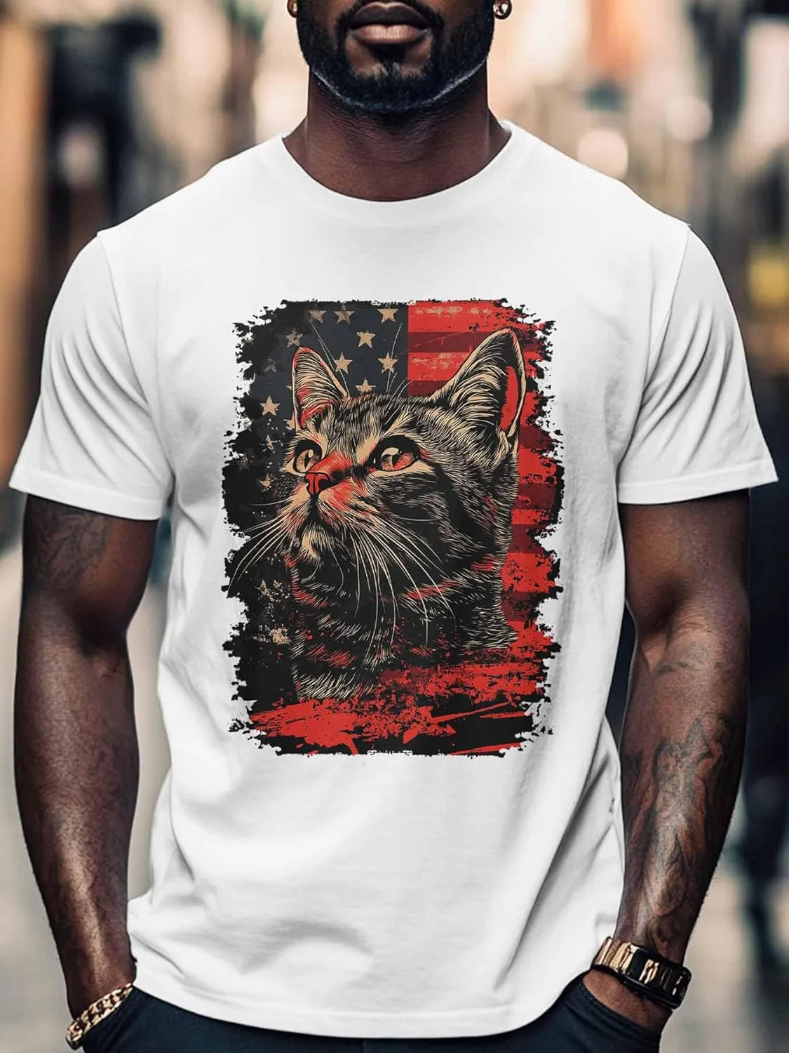 Cat Graphic Men's T-Shirts, 4th of July T Shirts for Men Patriotic US Flag Crew Neck Tees Cotton Undershirts
