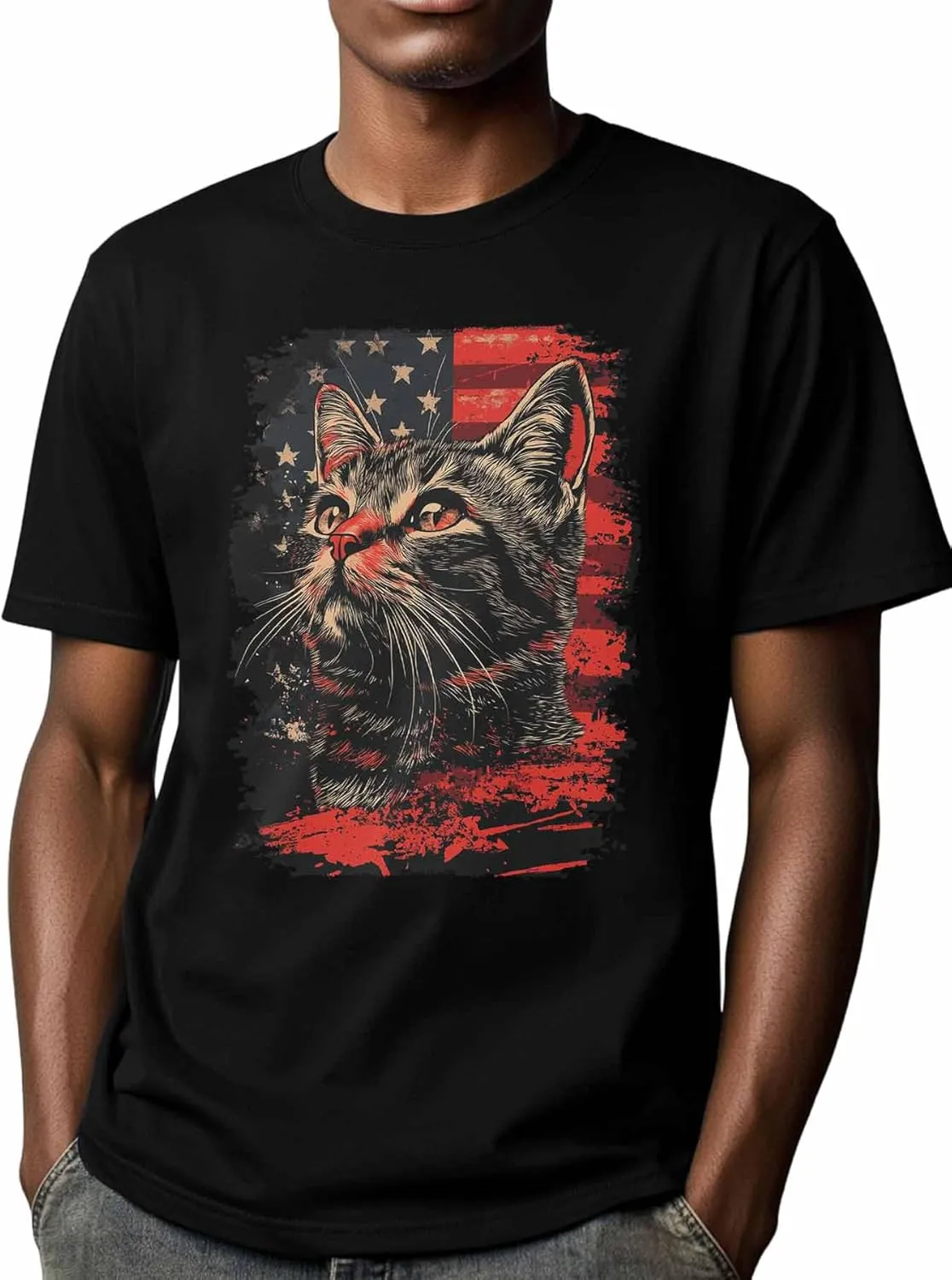 Cat Graphic Men's T-Shirts, 4th of July T Shirts for Men Patriotic US Flag Crew Neck Tees Cotton Undershirts
