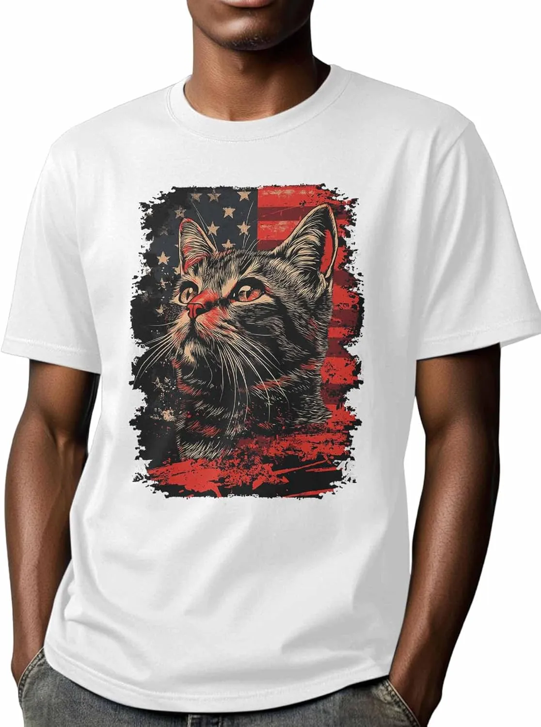 Cat Graphic Men's T-Shirts, 4th of July T Shirts for Men Patriotic US Flag Crew Neck Tees Cotton Undershirts