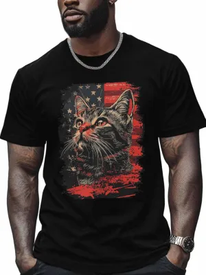 Cat Graphic Men's T-Shirts, 4th of July T Shirts for Men Patriotic US Flag Crew Neck Tees Cotton Undershirts