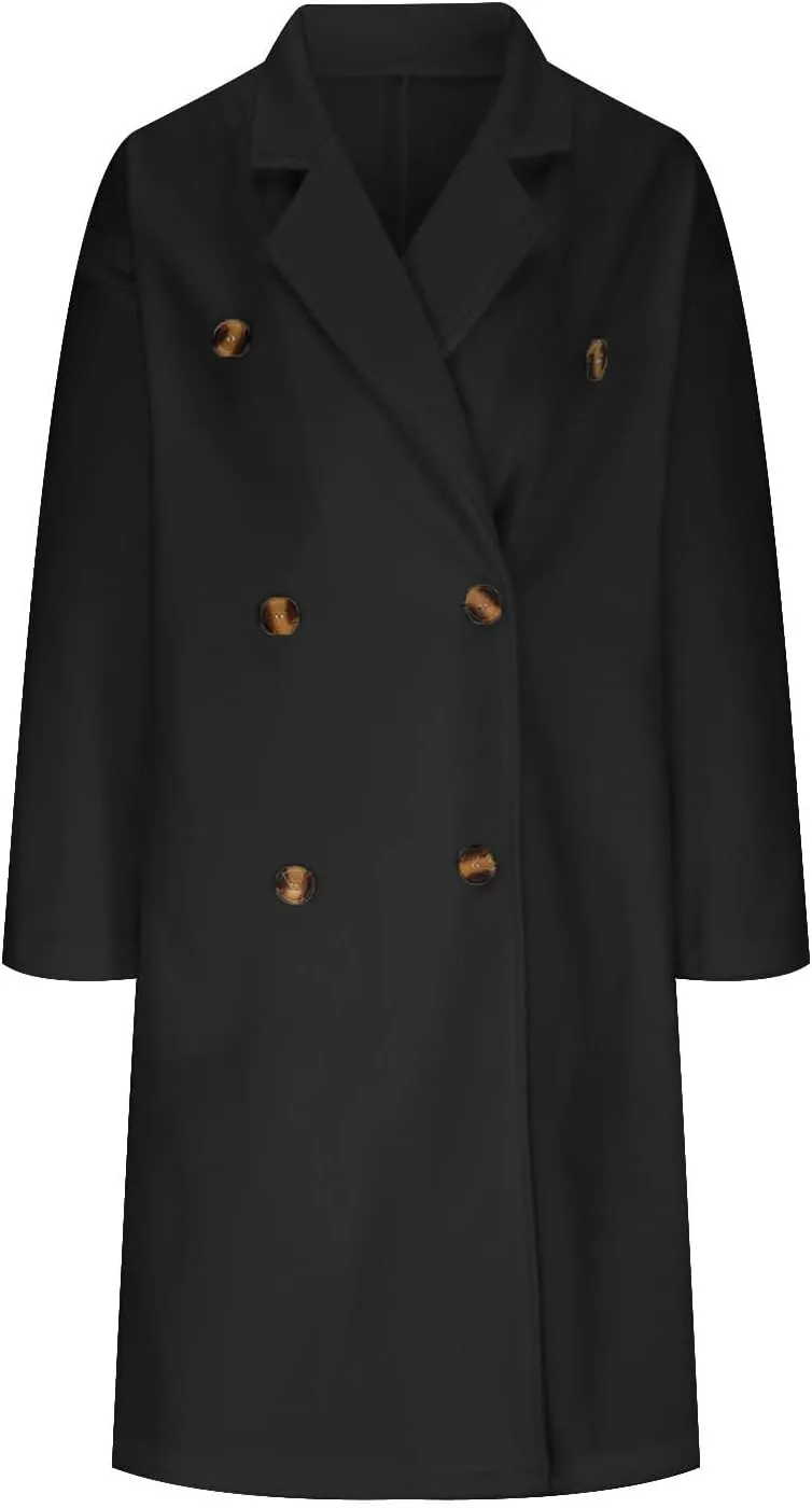 Coats for Women Trendy Elegant Wool Blend Overcoat Classic Notched Collar Double Breasted Trench Coat Mid-Long Peacoat