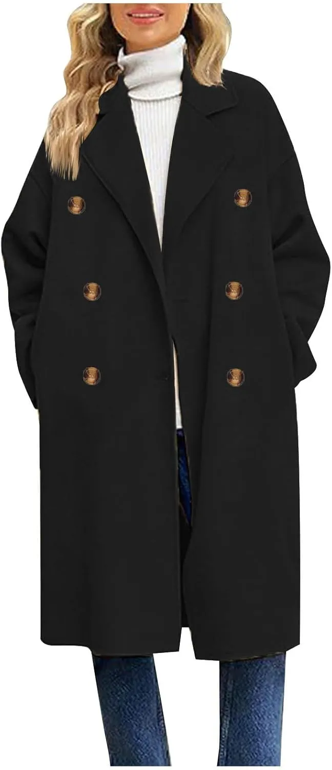 Coats for Women Trendy Elegant Wool Blend Overcoat Classic Notched Collar Double Breasted Trench Coat Mid-Long Peacoat