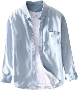 Cotton Denim Shirt Men Long Sleeve Washed Vintage Shirt for Man Spring Casual Blue Retro Plus Size